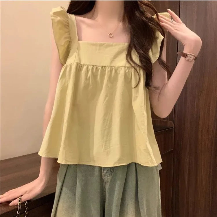 Women's Bow Tie Cami Top Summer Sleeveless Ruffle Hem Crop Top Vibrant Beachwear Loose Fit Casual Blouse