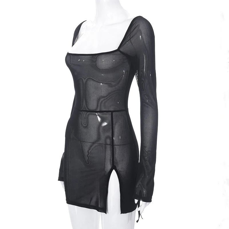 Square Collar Solid Mini Dress For Women Y2k Clothes Gauze Sexi Night Dress Hot Club Outfits Sheer Vestidos De Mujer Long Sleeve
