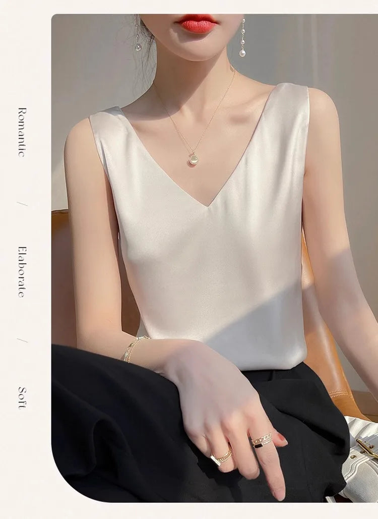 Silk Satin Vest Women's New 2025 Sleeveless V-neck Camisole Acetate Georgette Base Shirt Office Commute Style  Color