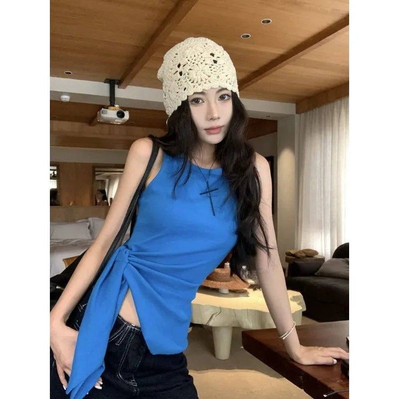 Women's Blue Ribbed Knit Tank Top Side Tie Asymmetrical Hem Sleeveless Casual Crop Top