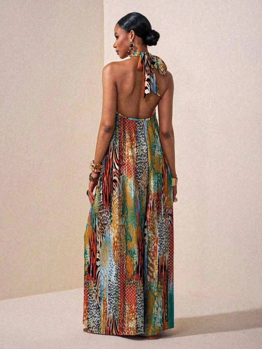 Women's Halter Neck Backless Printed Maxi Dress Loose Fit Sleeveless Bohemian Casual Dress Spring Summer Vacation Beach Outfit