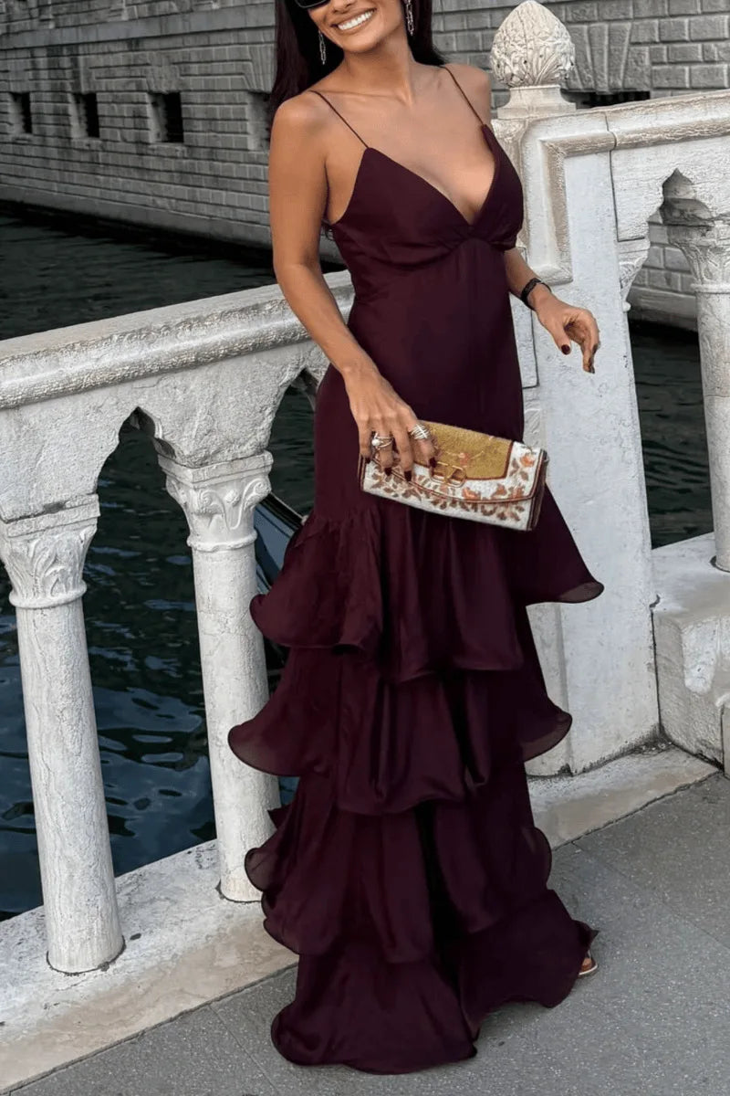 Women's French Deep V Tube Waist Dress Suspender Cake Dress Temperament Simple Style Sexy Solid Color Vestidos Spaghetti Strap