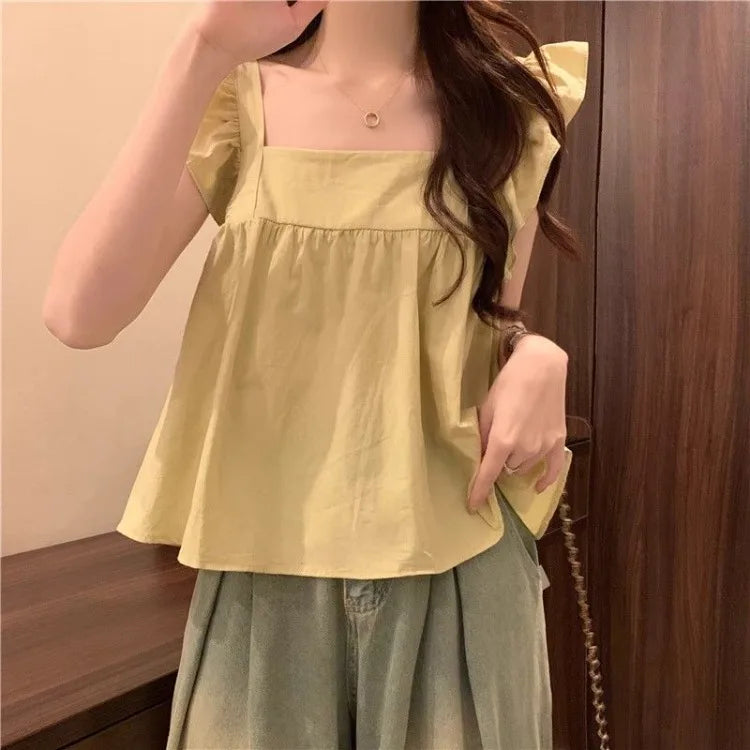 Women's Bow Tie Cami Top Summer Sleeveless Ruffle Hem Crop Top Vibrant Beachwear Loose Fit Casual Blouse