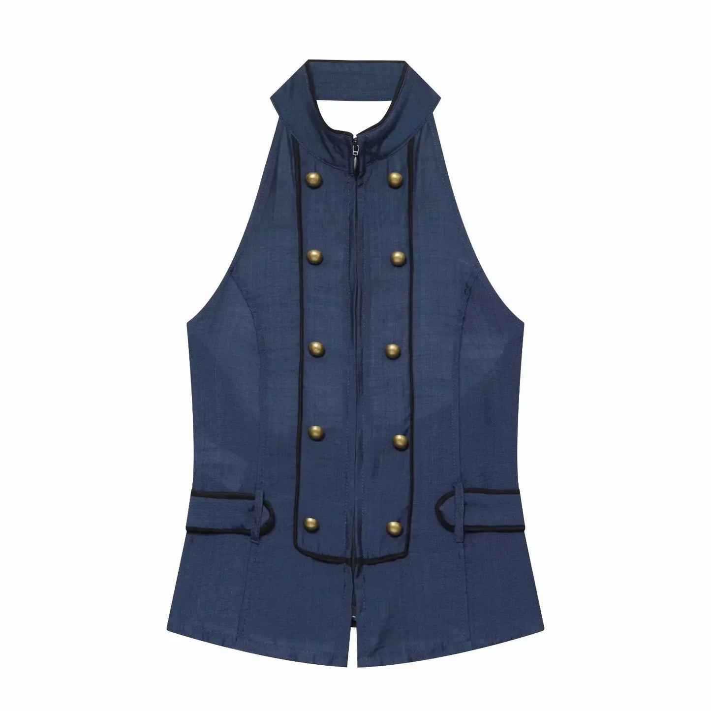 New Women Summer Elegant Silk Texture Tops Fashion Women Vacation Halter Backless Beach Style Lady Button Decor Casual Chic Tops