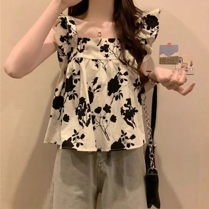 Women's Bow Tie Cami Top Summer Sleeveless Ruffle Hem Crop Top Vibrant Beachwear Loose Fit Casual Blouse
