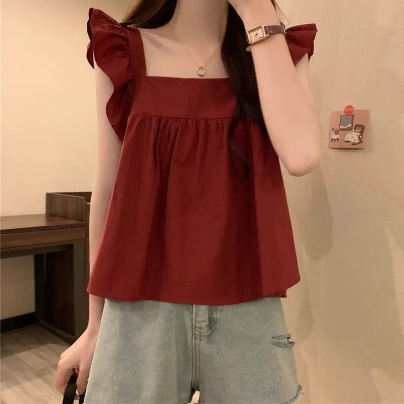 Women's Bow Tie Cami Top Summer Sleeveless Ruffle Hem Crop Top Vibrant Beachwear Loose Fit Casual Blouse