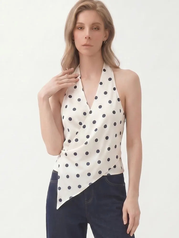 HH Minimalist Womens Backless Sleeveless Halter Top V Neck Casual Office Workwear Weekend Sexy Party Vacation Polka Dot Vest