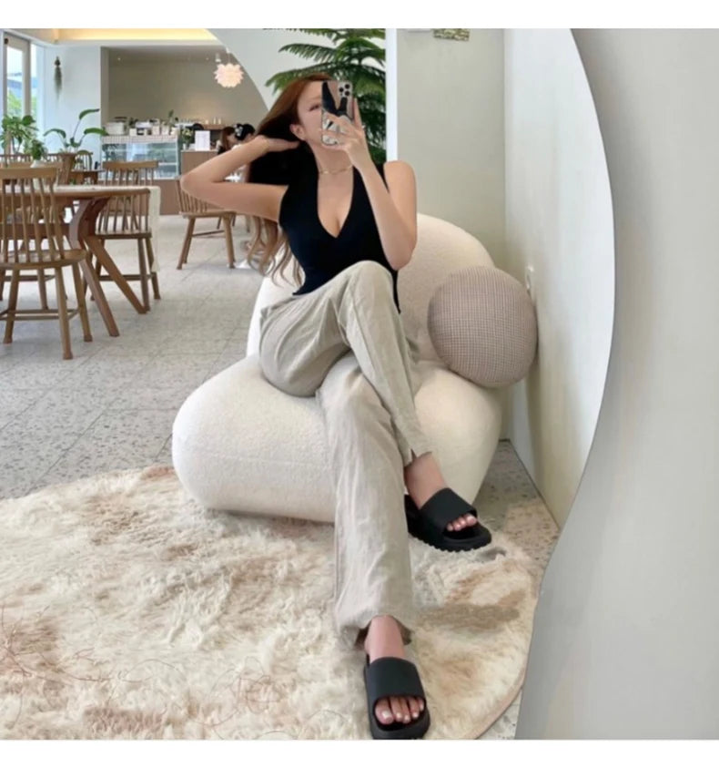 Sexy Deep V-Neck Knitted Crop Top Slim Fit Sleeveless Short Vest Summer New Style Zilihua Commute Style Pure Color Base Shirt
