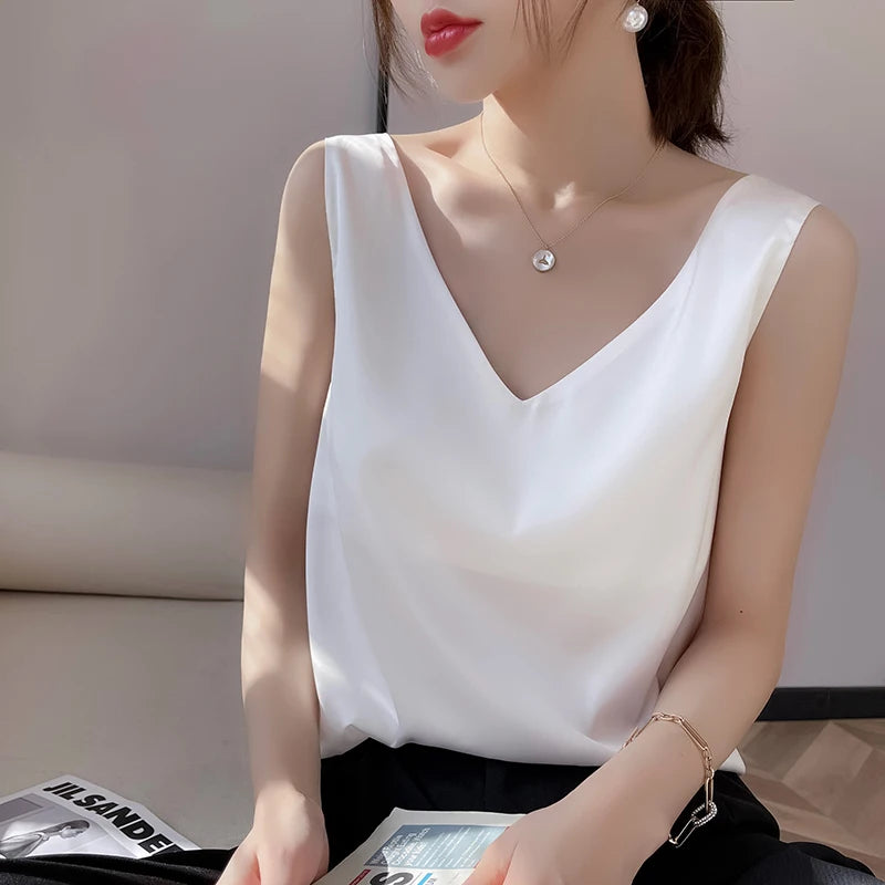 Silk Satin Vest Women's New 2025 Sleeveless V-neck Camisole Acetate Georgette Base Shirt Office Commute Style  Color