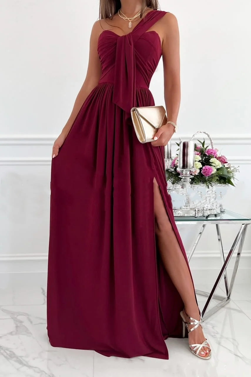 Asymmetric One Shoulder Ruched Bow Long Dress with Side Slit Sleeveless Pleated A-Line Evening Gown for Women