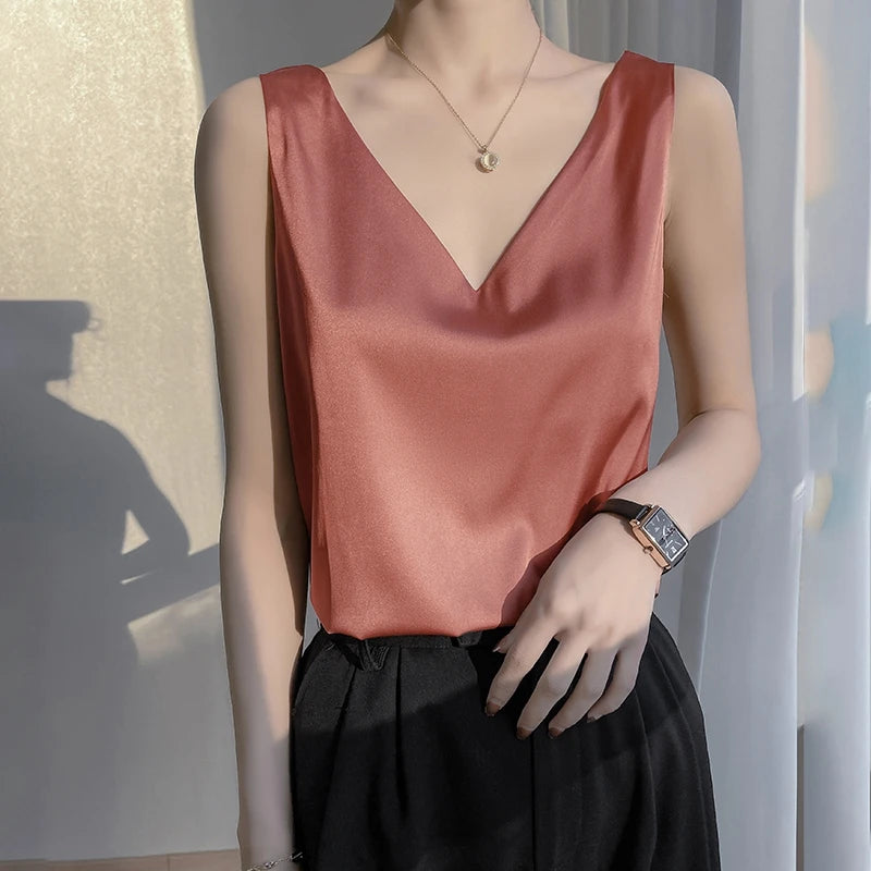 Silk Satin Vest Women's New 2025 Sleeveless V-neck Camisole Acetate Georgette Base Shirt Office Commute Style  Color