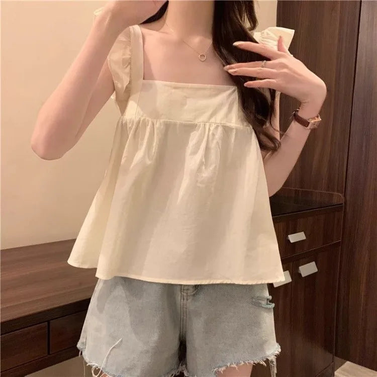 Women's Bow Tie Cami Top Summer Sleeveless Ruffle Hem Crop Top Vibrant Beachwear Loose Fit Casual Blouse