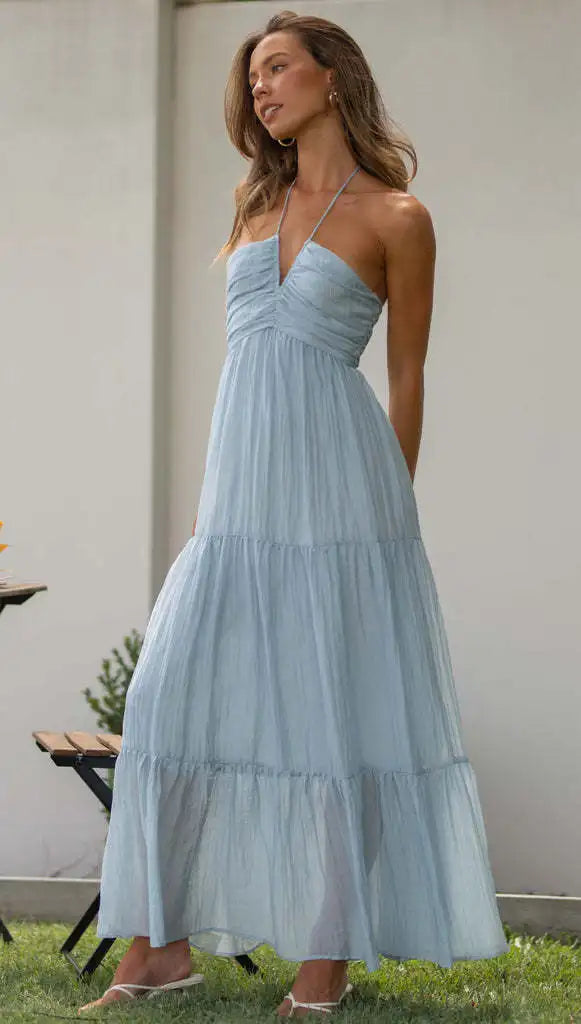Summer Holiday Long Dresses 2025 Women's Spaghetti Strap V Neck Chic Sleeveless Flowing Dress Vacation Beach Vestidos Para Mujer