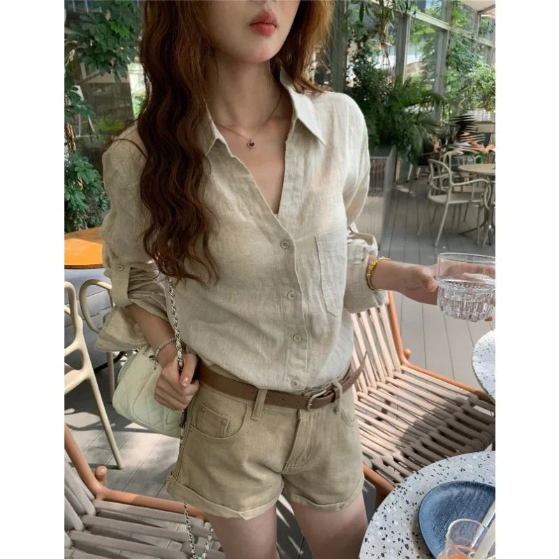 Women Old Money Linen Shirt Lapel V Neck Roll Tab Sleeve Loose Oversized Sun Protection Casual Blouse Summer Tops