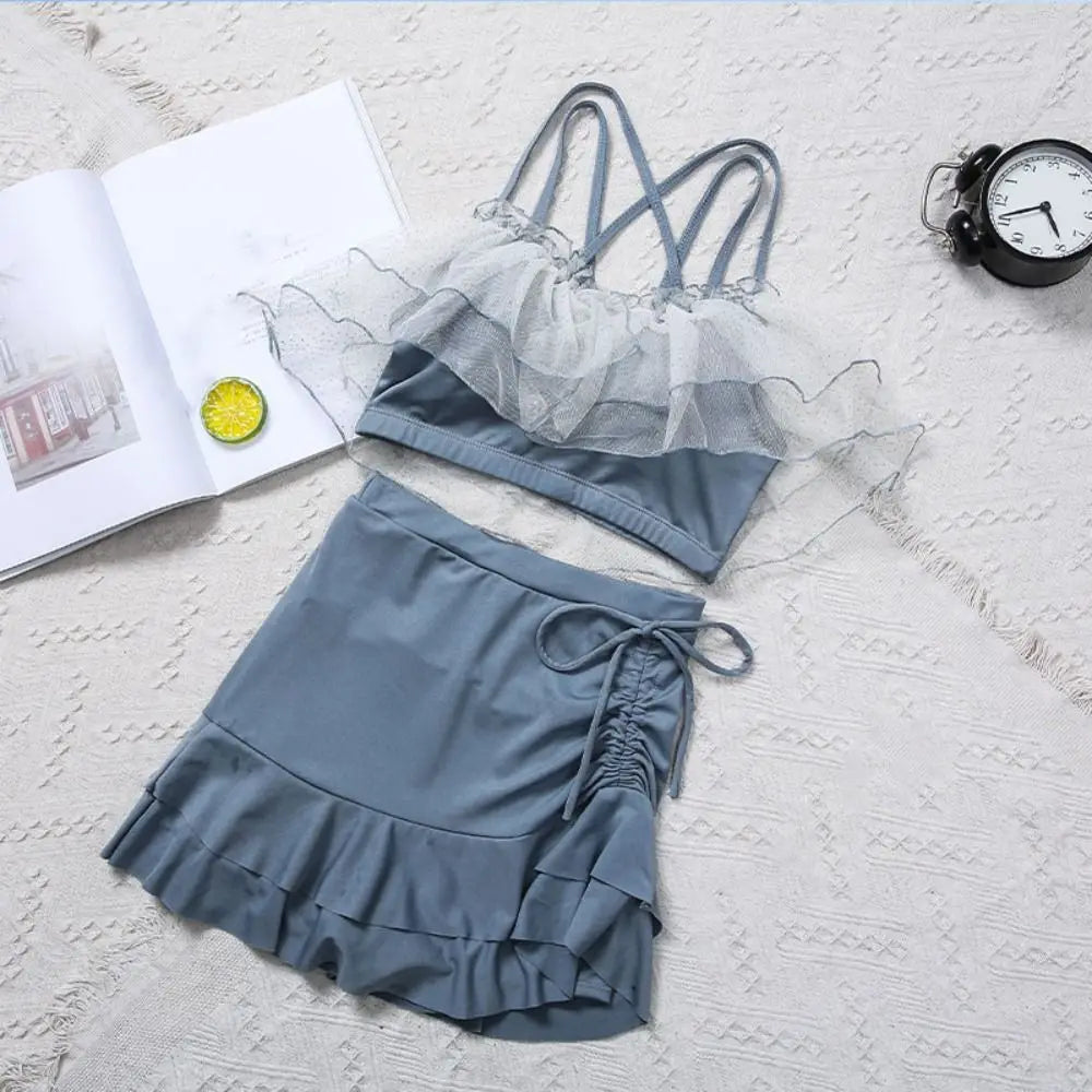 Ins Slim Fit A-line Skirt Swimsuit Off Shoulder Puff Ruffle Lace Ruffled Bathing Suit Beachwear Two Pieces Set Swimwear Swimming