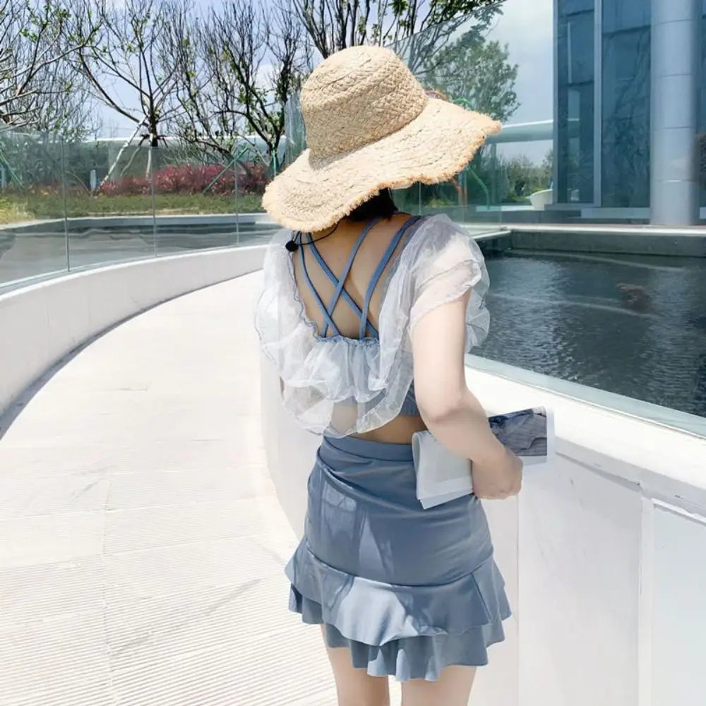 Ins Slim Fit A-line Skirt Swimsuit Off Shoulder Puff Ruffle Lace Ruffled Bathing Suit Beachwear Two Pieces Set Swimwear Swimming