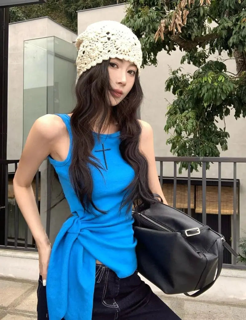 Women's Blue Ribbed Knit Tank Top Side Tie Asymmetrical Hem Sleeveless Casual Crop Top