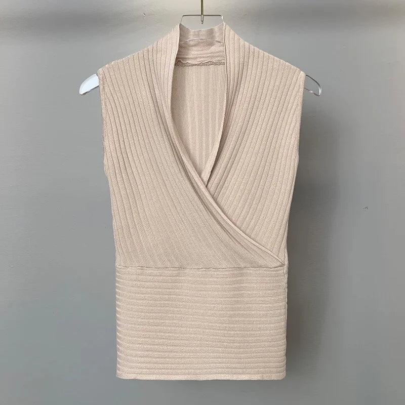 Sexy Deep V-Neck Knitted Crop Top Slim Fit Sleeveless Short Vest Summer New Style Zilihua Commute Style Pure Color Base Shirt