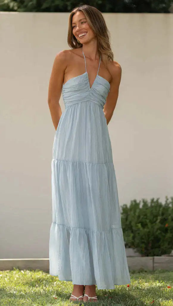 Summer Holiday Long Dresses 2025 Women's Spaghetti Strap V Neck Chic Sleeveless Flowing Dress Vacation Beach Vestidos Para Mujer