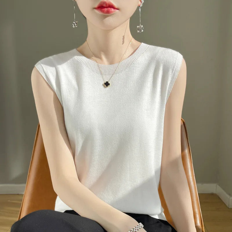 Women Knitted Tank Tops Round-neck Sleeveless Bottoming Shirts Spring Summer Tank Top Solid Soft Korean Fashion Lady Knit Top