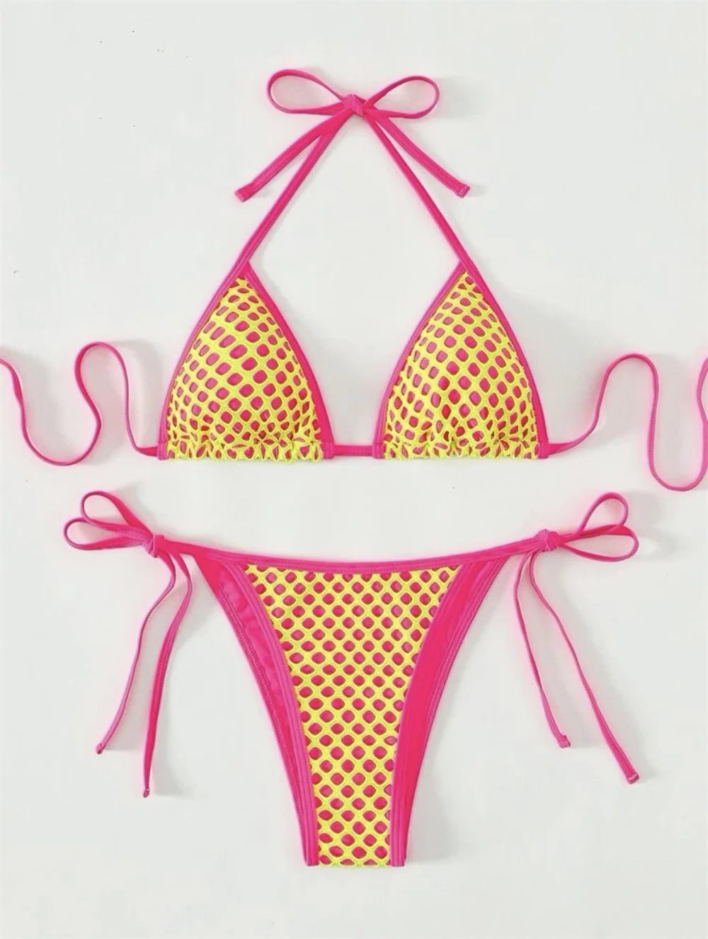 Y2K Holes String Bikini Thong Halter Backless Sexy Triangle Mesh Swimsuit Vacation Swimwear Push Up Women Beachwear Bathing Suit
