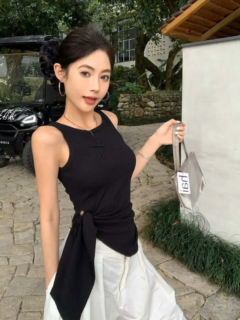 Women's Blue Ribbed Knit Tank Top Side Tie Asymmetrical Hem Sleeveless Casual Crop Top
