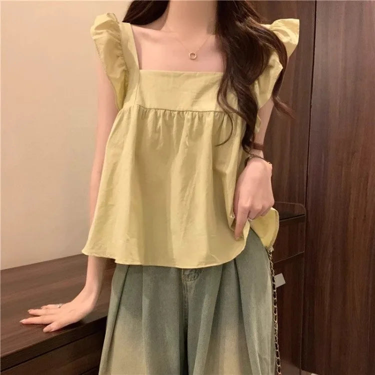 Women's Bow Tie Cami Top Summer Sleeveless Ruffle Hem Crop Top Vibrant Beachwear Loose Fit Casual Blouse