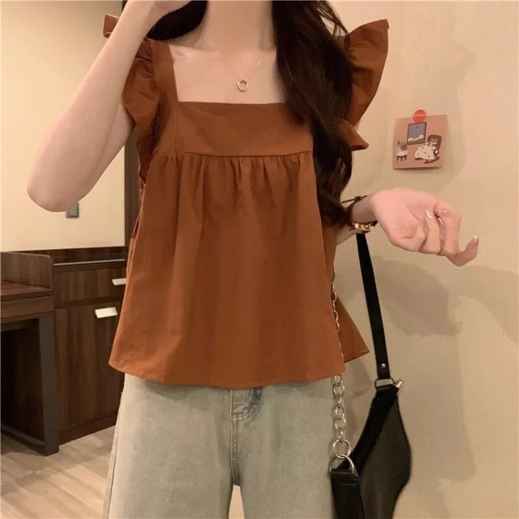 Women's Bow Tie Cami Top Summer Sleeveless Ruffle Hem Crop Top Vibrant Beachwear Loose Fit Casual Blouse