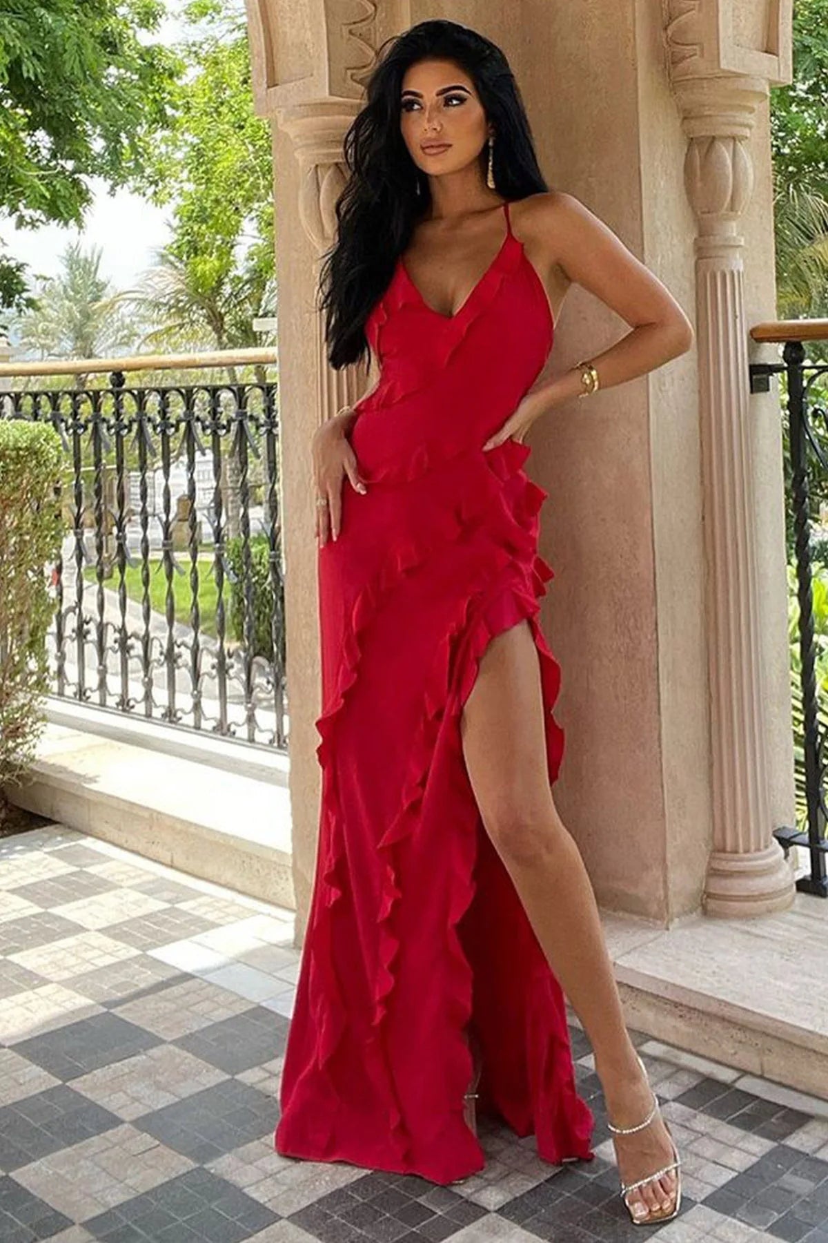 Sexy Ruffles Sling Maxi Dress Women Sleeveless Backless V-neck Party Evening Dresses French Summer Lady Elegant Slim Split Robes