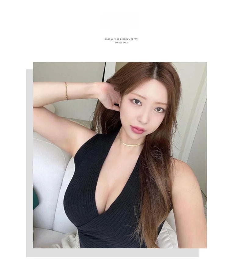Sexy Deep V-Neck Knitted Crop Top Slim Fit Sleeveless Short Vest Summer New Style Zilihua Commute Style Pure Color Base Shirt