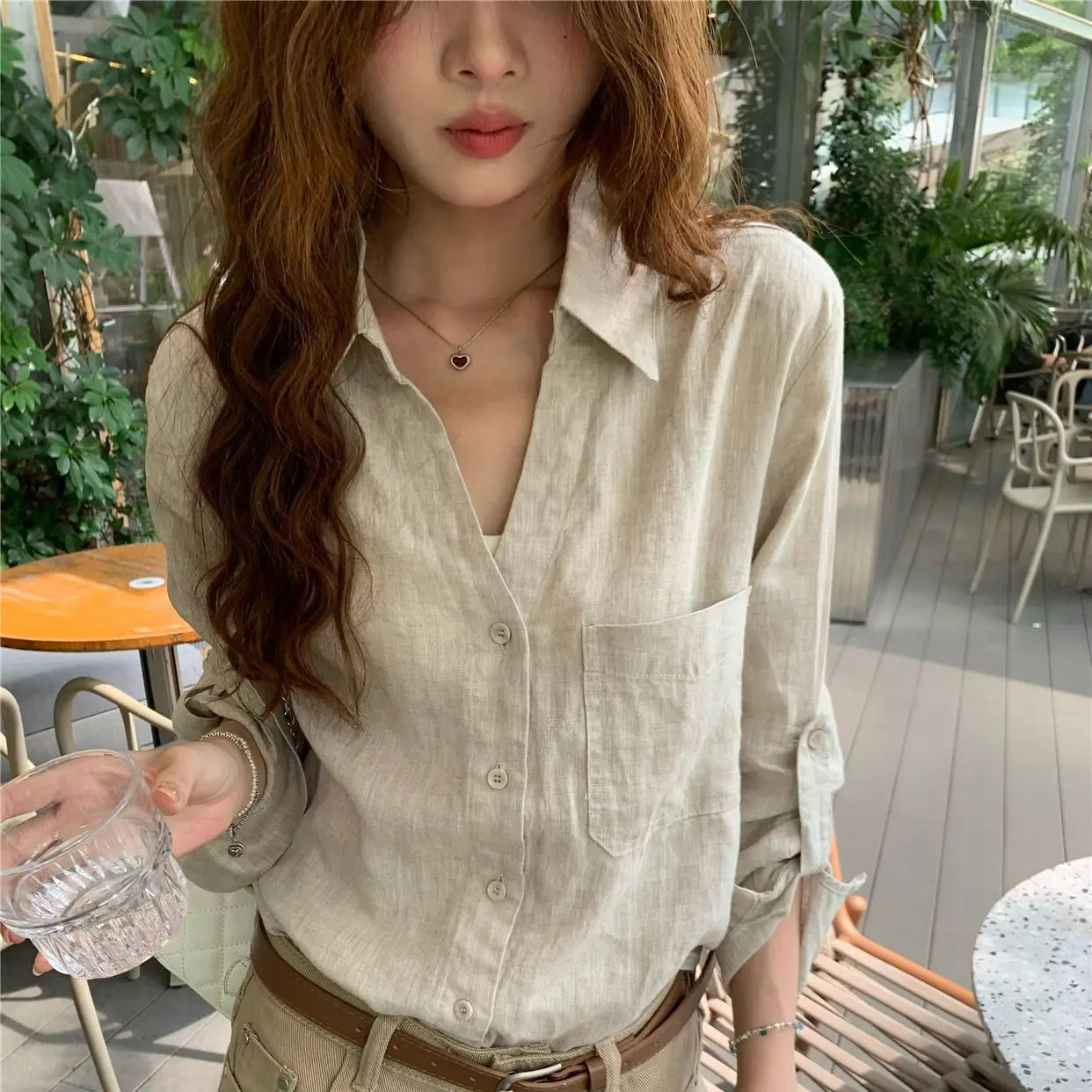 Women Old Money Linen Shirt Lapel V Neck Roll Tab Sleeve Loose Oversized Sun Protection Casual Blouse Summer Tops