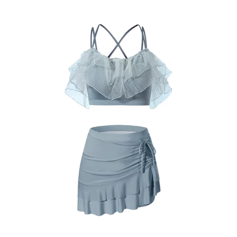 Ins Slim Fit A-line Skirt Swimsuit Off Shoulder Puff Ruffle Lace Ruffled Bathing Suit Beachwear Two Pieces Set Swimwear Swimming