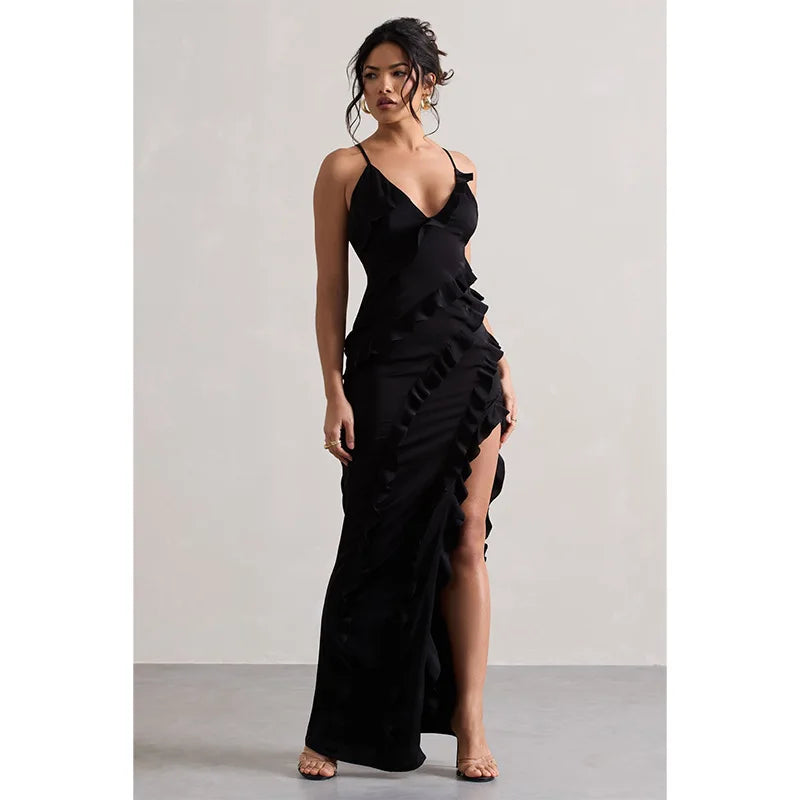 Sexy Ruffles Sling Maxi Dress Women Sleeveless Backless V-neck Party Evening Dresses French Summer Lady Elegant Slim Split Robes