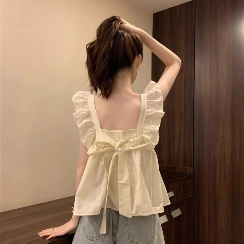 Women's Bow Tie Cami Top Summer Sleeveless Ruffle Hem Crop Top Vibrant Beachwear Loose Fit Casual Blouse