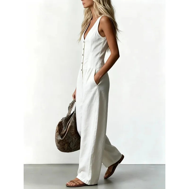 Women V Neck Spaghetti Strap Denim Jumpsuit High Waist Pleated Wide Leg Long Pants with Pockets Casual Vacation Solid Overalls