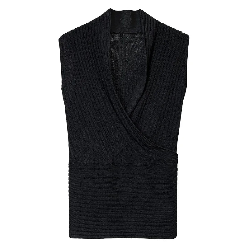 Sexy Deep V-Neck Knitted Crop Top Slim Fit Sleeveless Short Vest Summer New Style Zilihua Commute Style Pure Color Base Shirt