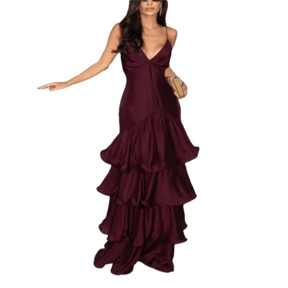 Women's French Deep V Tube Waist Dress Suspender Cake Dress Temperament Simple Style Sexy Solid Color Vestidos Spaghetti Strap