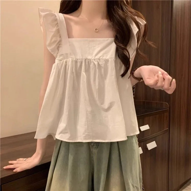 Women's Bow Tie Cami Top Summer Sleeveless Ruffle Hem Crop Top Vibrant Beachwear Loose Fit Casual Blouse