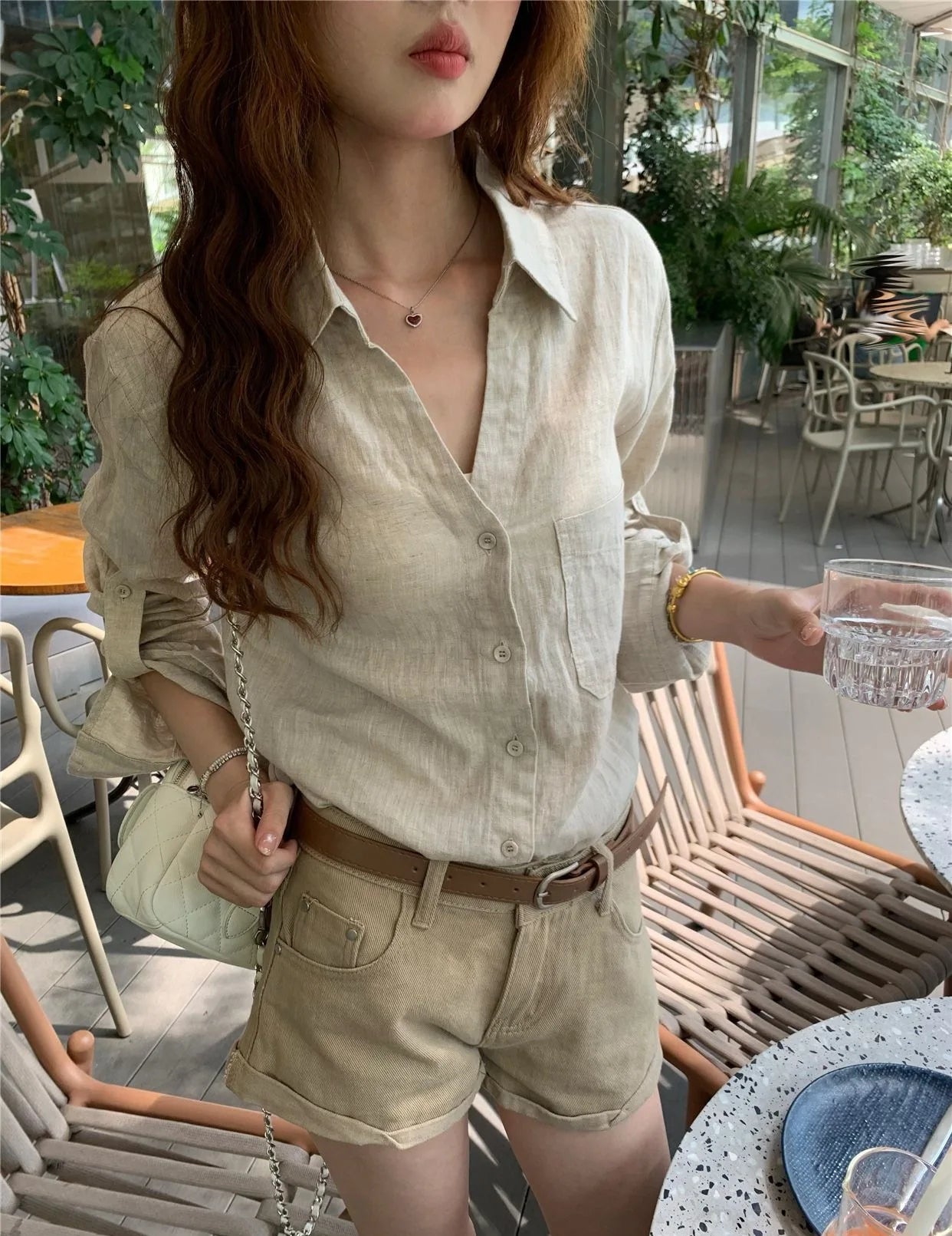 Women Old Money Linen Shirt Lapel V Neck Roll Tab Sleeve Loose Oversized Sun Protection Casual Blouse Summer Tops