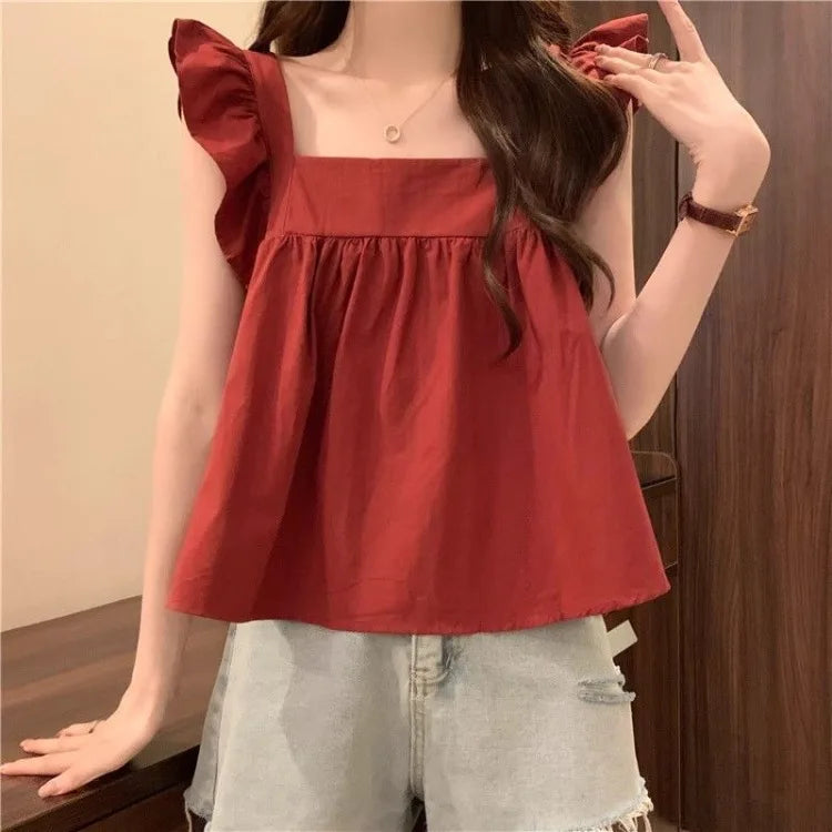 Women's Bow Tie Cami Top Summer Sleeveless Ruffle Hem Crop Top Vibrant Beachwear Loose Fit Casual Blouse