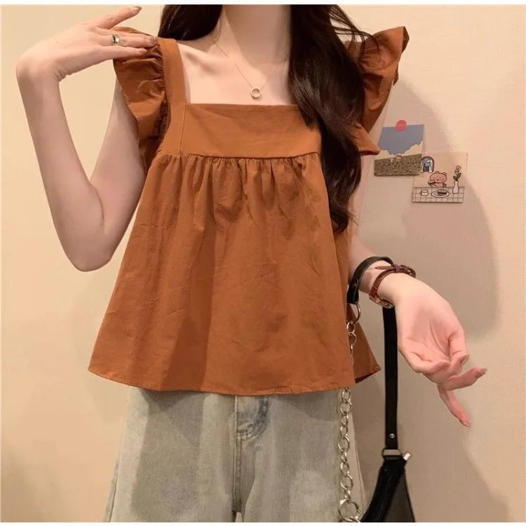 Women's Bow Tie Cami Top Summer Sleeveless Ruffle Hem Crop Top Vibrant Beachwear Loose Fit Casual Blouse