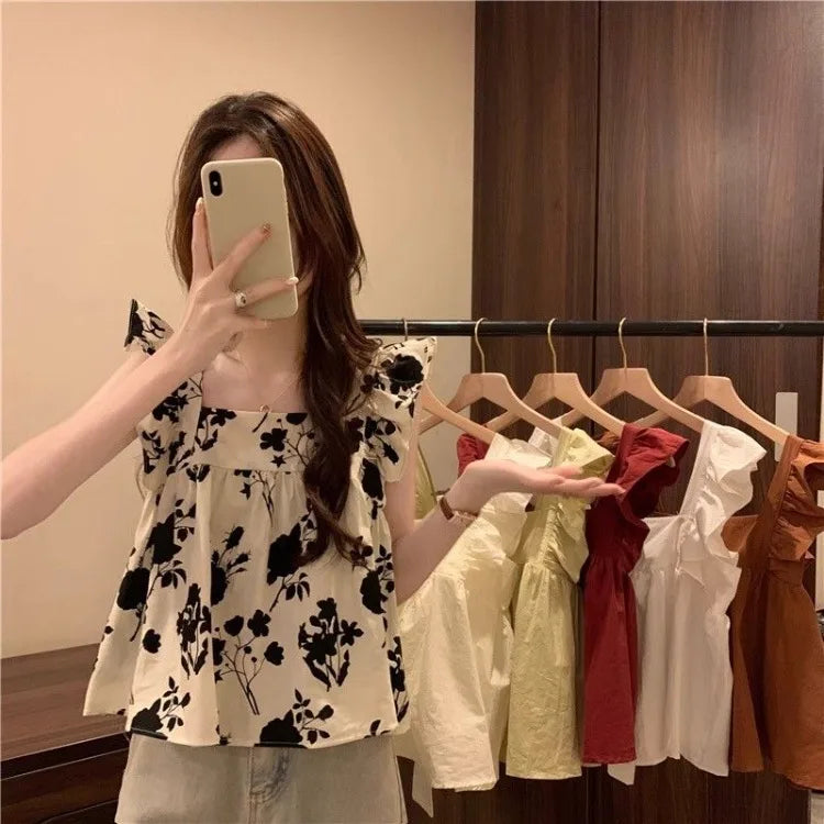 Women's Bow Tie Cami Top Summer Sleeveless Ruffle Hem Crop Top Vibrant Beachwear Loose Fit Casual Blouse