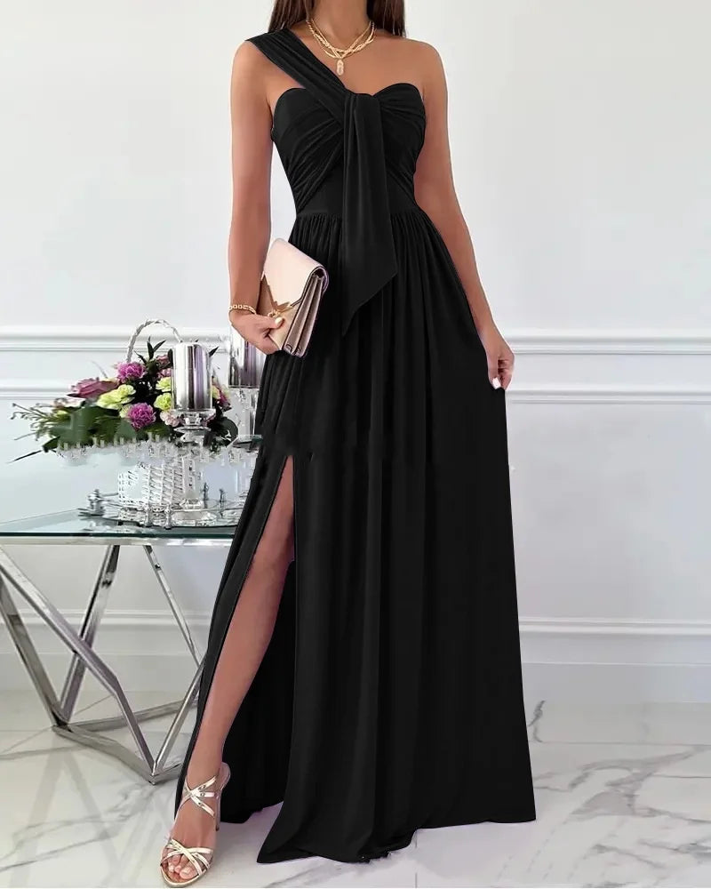 Asymmetric One Shoulder Ruched Bow Long Dress with Side Slit Sleeveless Pleated A-Line Evening Gown for Women