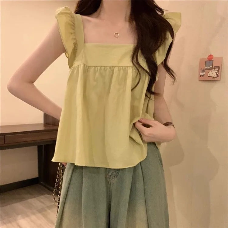 Women's Bow Tie Cami Top Summer Sleeveless Ruffle Hem Crop Top Vibrant Beachwear Loose Fit Casual Blouse