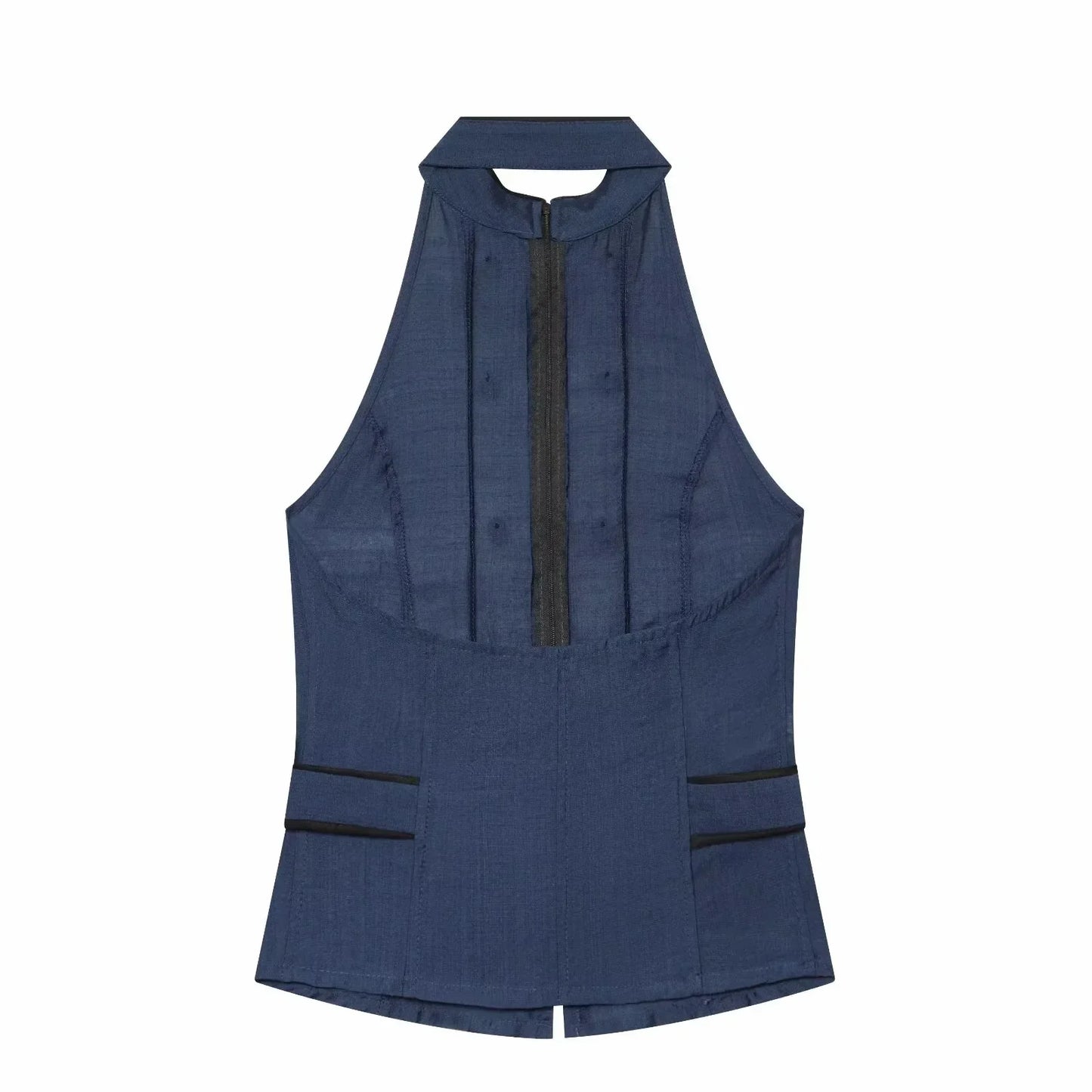 New Women Summer Elegant Silk Texture Tops Fashion Women Vacation Halter Backless Beach Style Lady Button Decor Casual Chic Tops