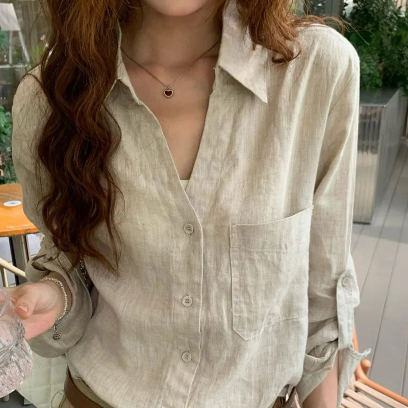 Women Old Money Linen Shirt Lapel V Neck Roll Tab Sleeve Loose Oversized Sun Protection Casual Blouse Summer Tops