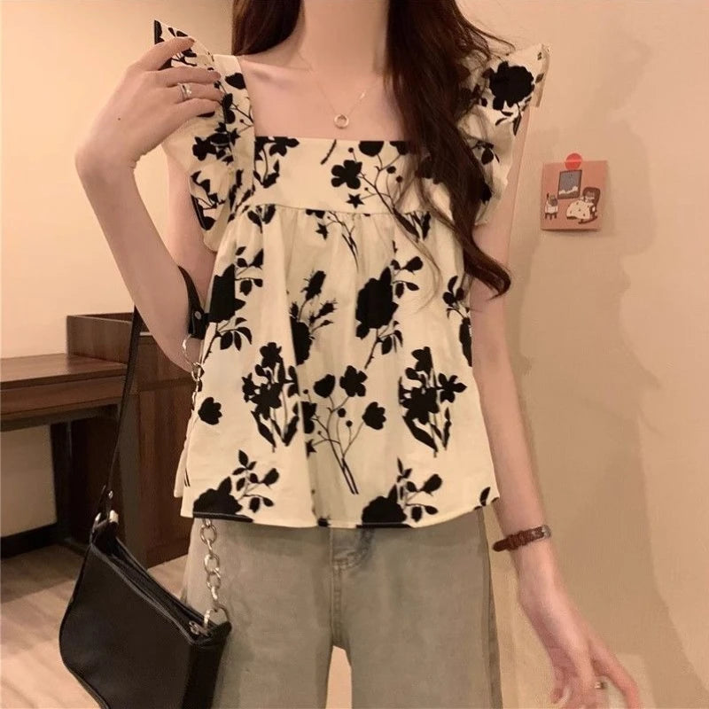 Women's Bow Tie Cami Top Summer Sleeveless Ruffle Hem Crop Top Vibrant Beachwear Loose Fit Casual Blouse