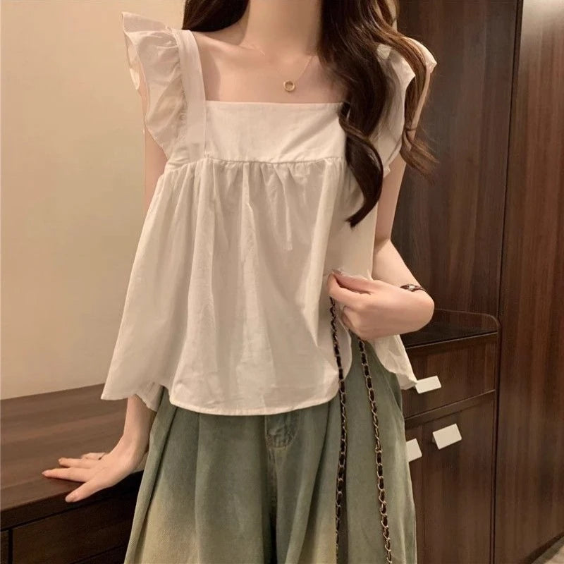 Women's Bow Tie Cami Top Summer Sleeveless Ruffle Hem Crop Top Vibrant Beachwear Loose Fit Casual Blouse