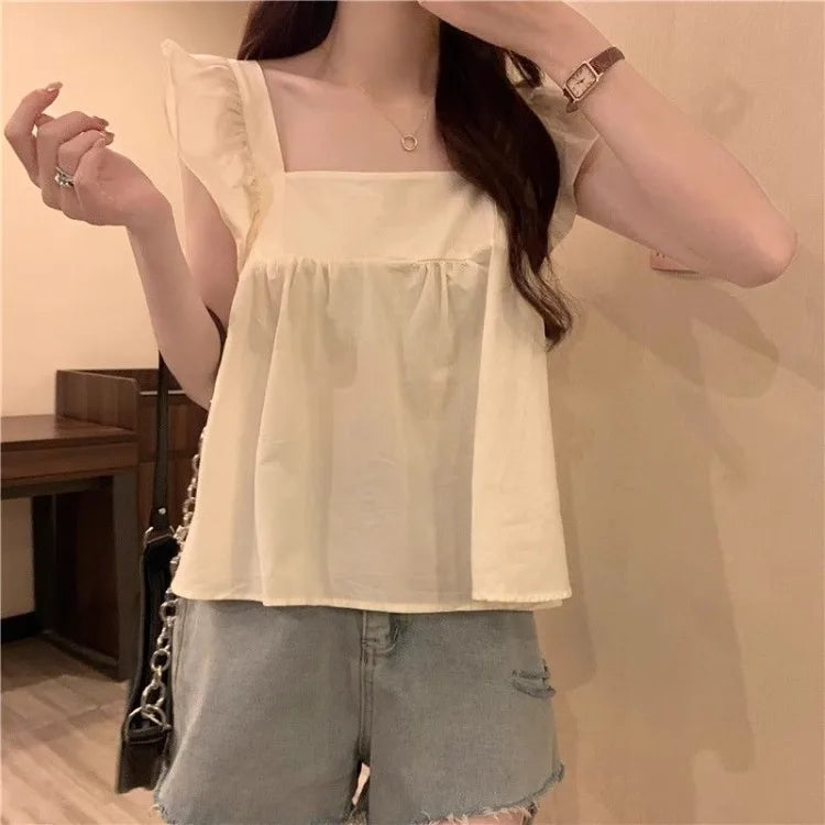 Women's Bow Tie Cami Top Summer Sleeveless Ruffle Hem Crop Top Vibrant Beachwear Loose Fit Casual Blouse
