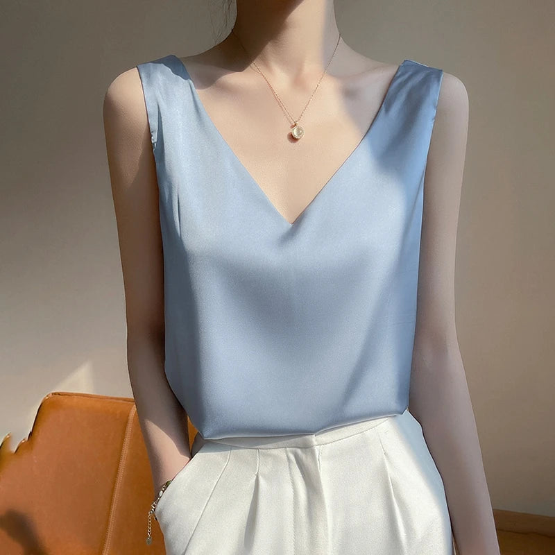 Silk Satin Vest Women's New 2025 Sleeveless V-neck Camisole Acetate Georgette Base Shirt Office Commute Style  Color
